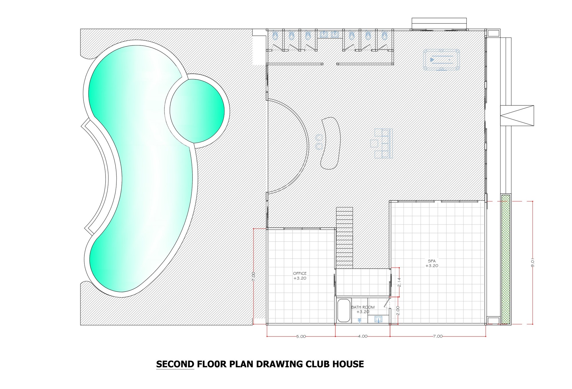 Upper floor plan Β· Spa, office, lounge