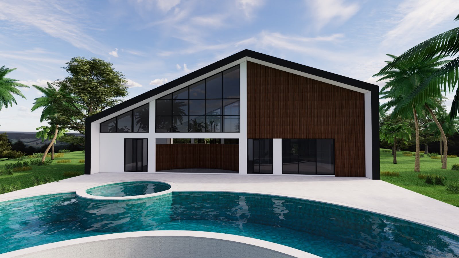 Dream Catcher Village Club House rear elevation with the free-form public pool
