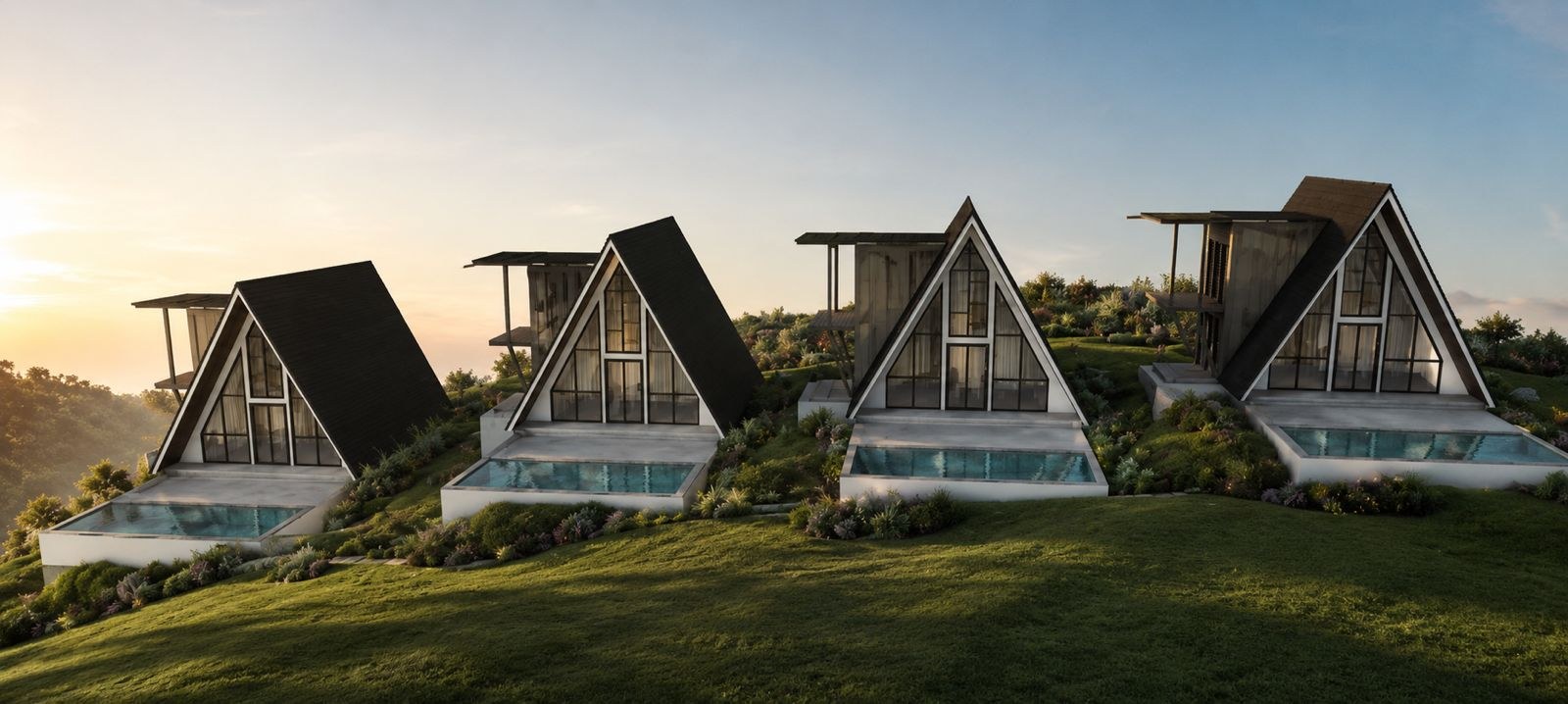Dream Catcher Village A-Frame villa with private pool at dusk, Lovina, North Bali