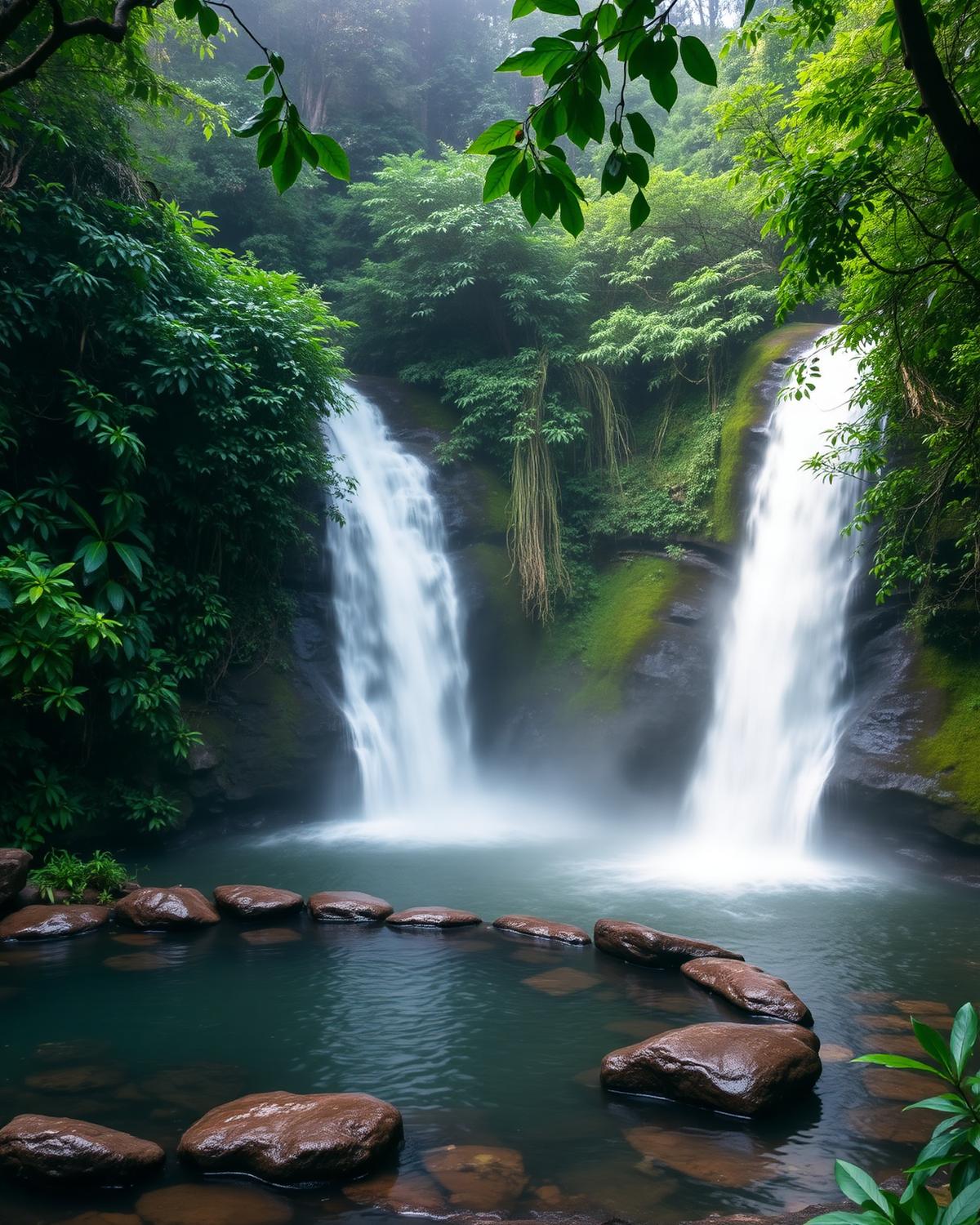 North Bali waterfall with natural hot spring stone pools